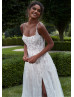Beaded Spaghetti Straps Ivory 3D Lace Tulle Slit Chic Wedding Dress